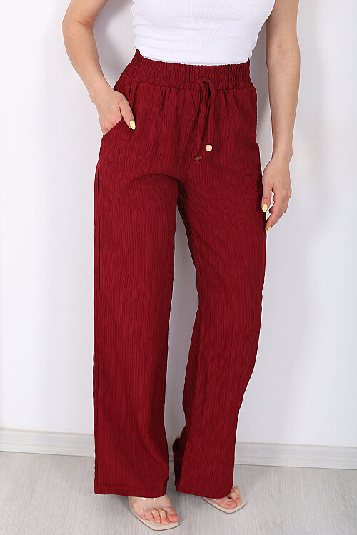 Beli Lastikli Bol Paça Kadın Bordo Bürümcük Pantolon - 2