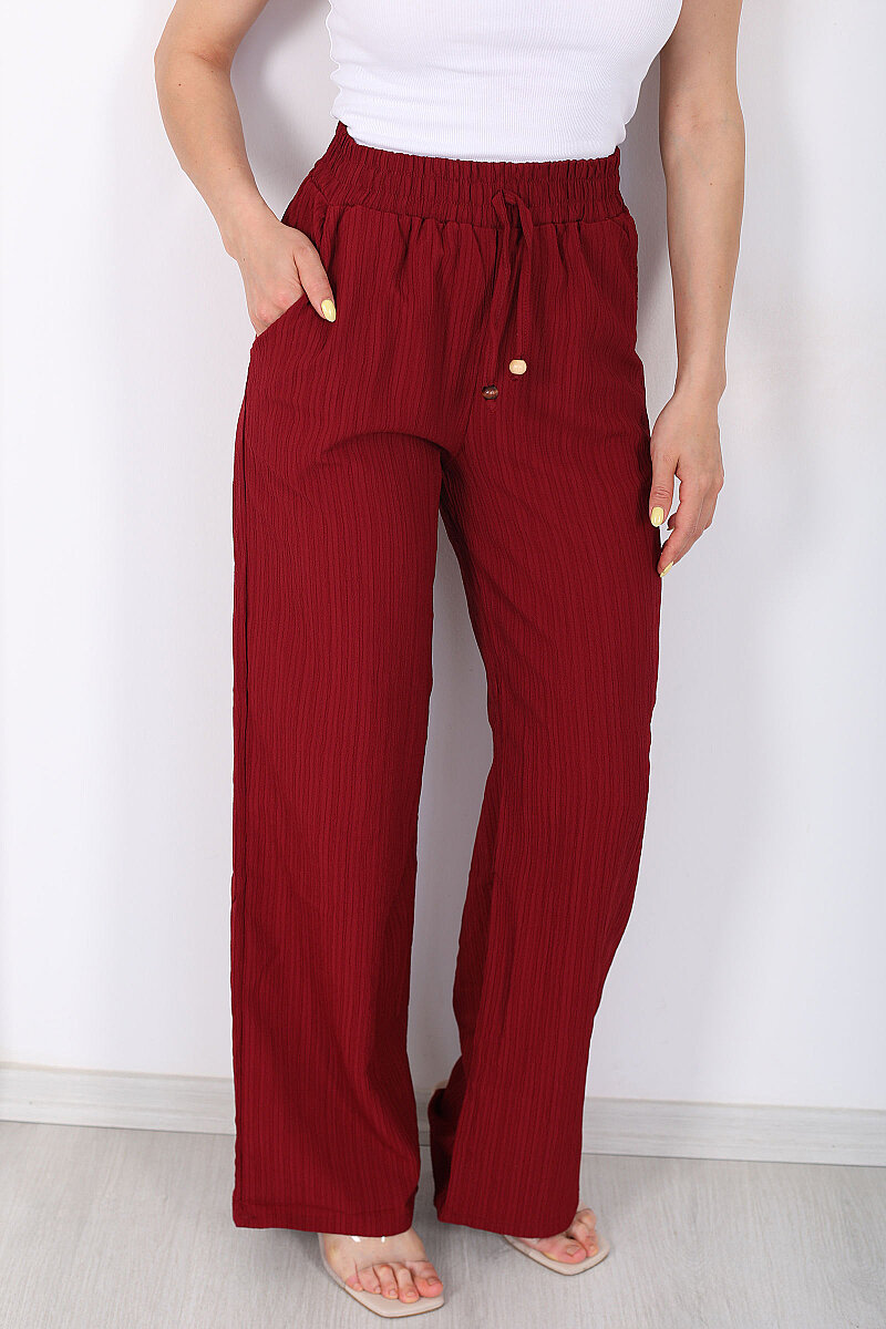Beli Lastikli Bol Paça Kadın Bordo Bürümcük Pantolon - 2