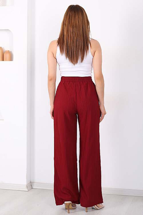Beli Lastikli Bol Paça Kadın Bordo Bürümcük Pantolon - 4