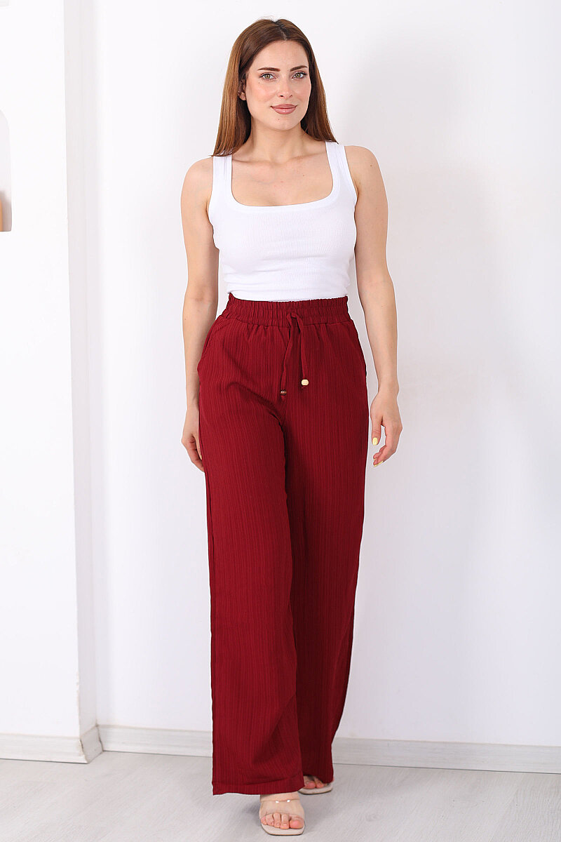 Beli Lastikli Bol Paça Kadın Bordo Bürümcük Pantolon - 5