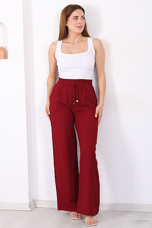 Beli Lastikli Bol Paça Kadın Bordo Bürümcük Pantolon 