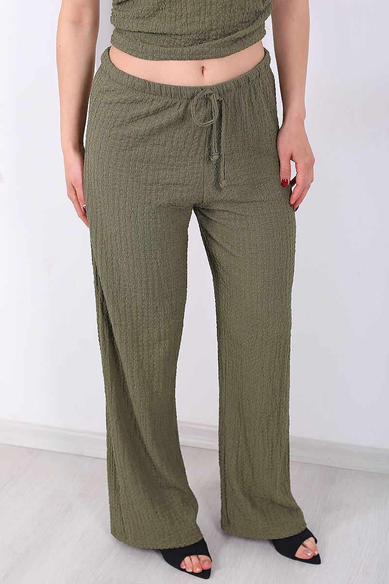 Beli Lastikli Bol Paça Kadın Haki Bubble Pantolon - 2