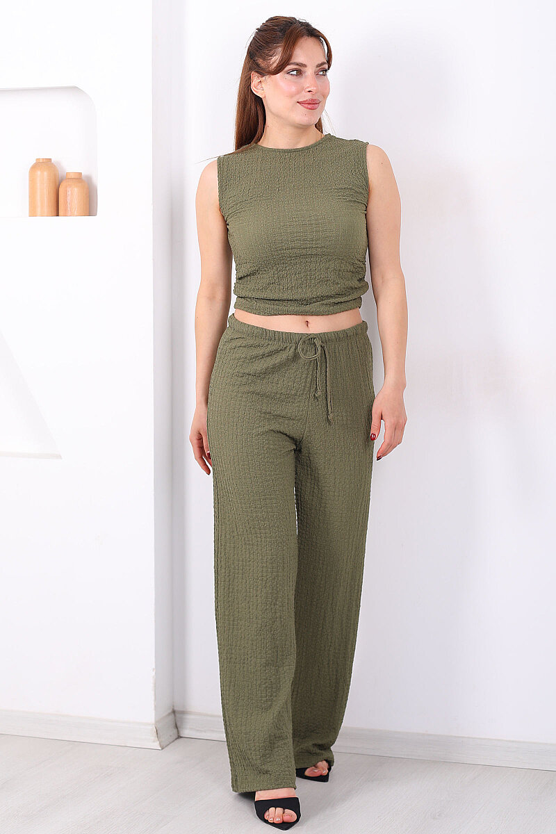 Beli Lastikli Bol Paça Kadın Haki Bubble Pantolon - 6