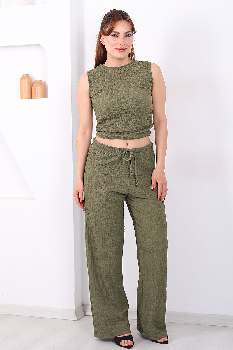 Beli Lastikli Bol Paça Kadın Haki Bubble Pantolon - 4