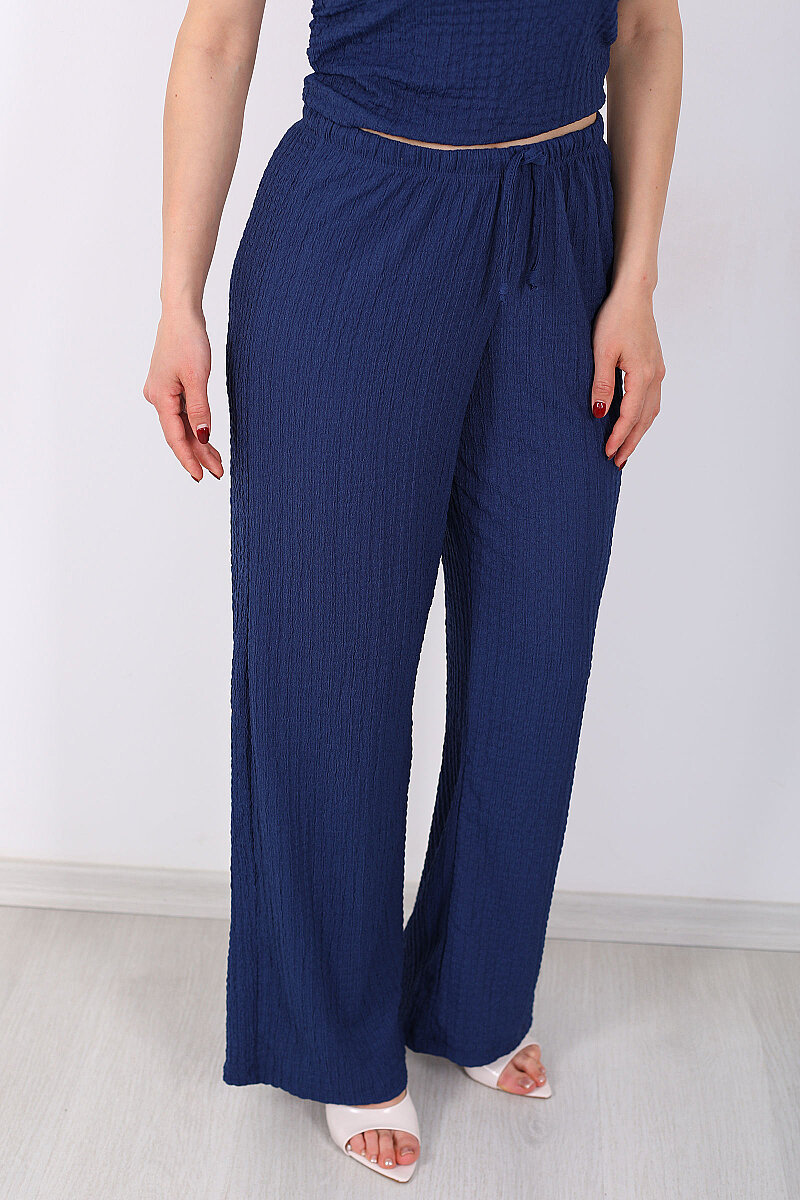 Beli Lastikli Bol Paça Kadın Lacivert Bubble Pantolon - 2