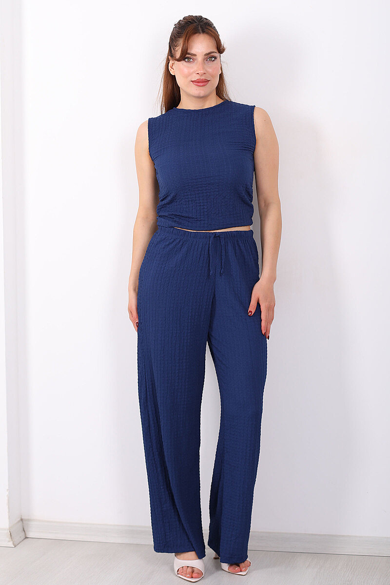 Beli Lastikli Bol Paça Kadın Lacivert Bubble Pantolon - 6