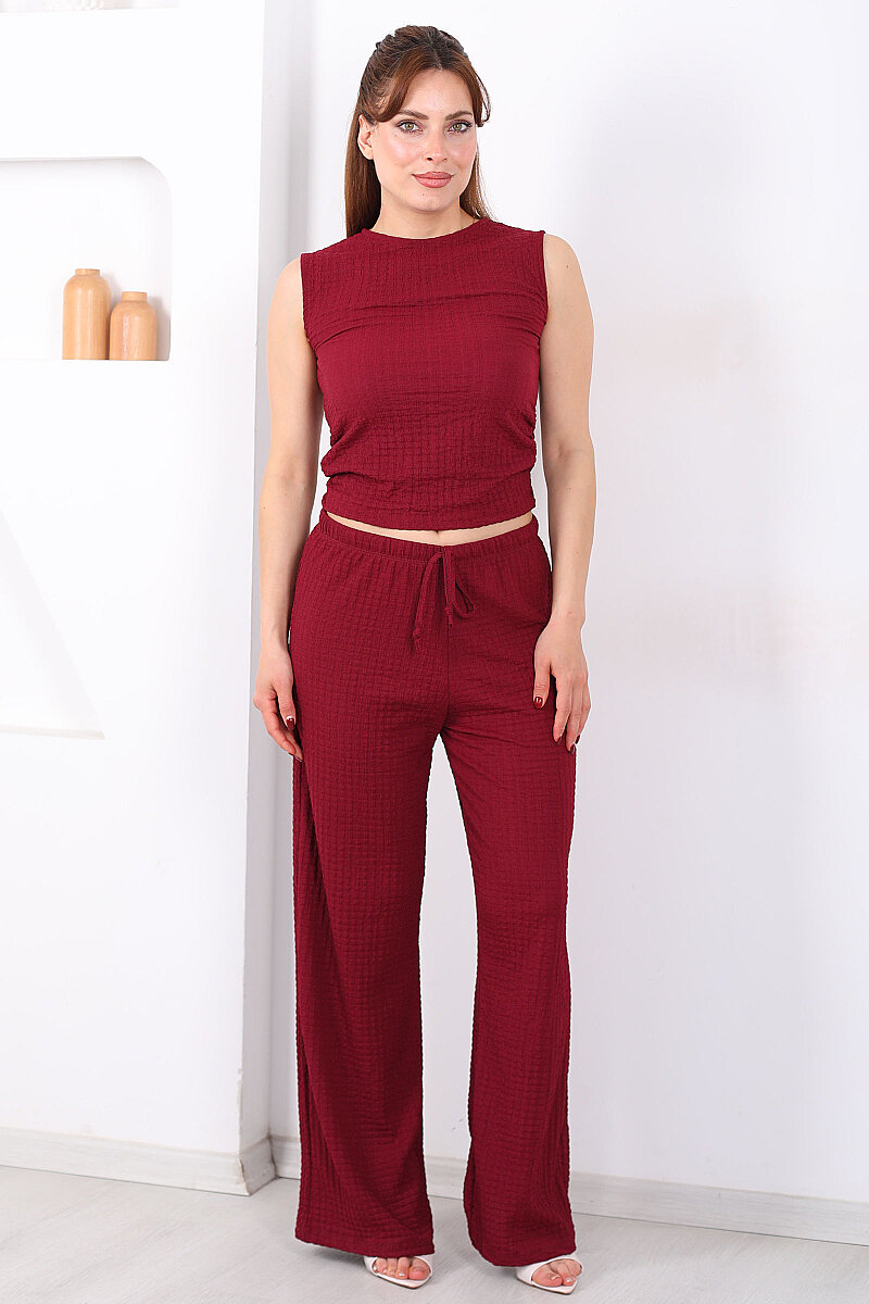 Beli Lastikli Bol Paça Kadın Mürdüm Bubble Pantolon - 3