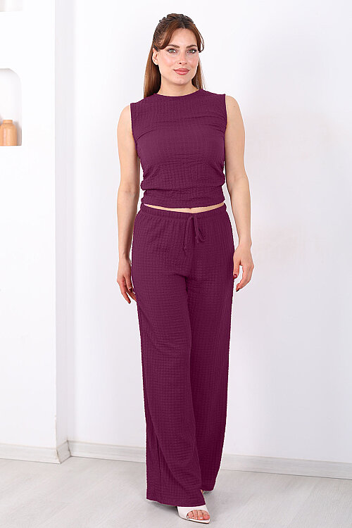 Beli Lastikli Bol Paça Kadın Mürdüm Bubble Pantolon - Berox