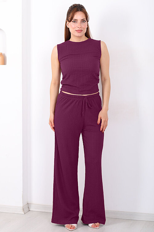 Beli Lastikli Bol Paça Kadın Mürdüm Bubble Pantolon - 5