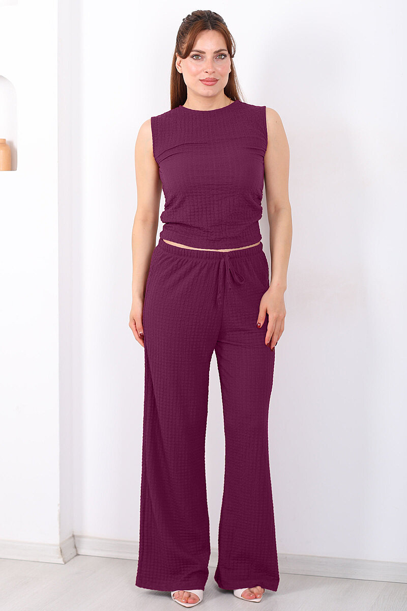 Beli Lastikli Bol Paça Kadın Mürdüm Bubble Pantolon - 5