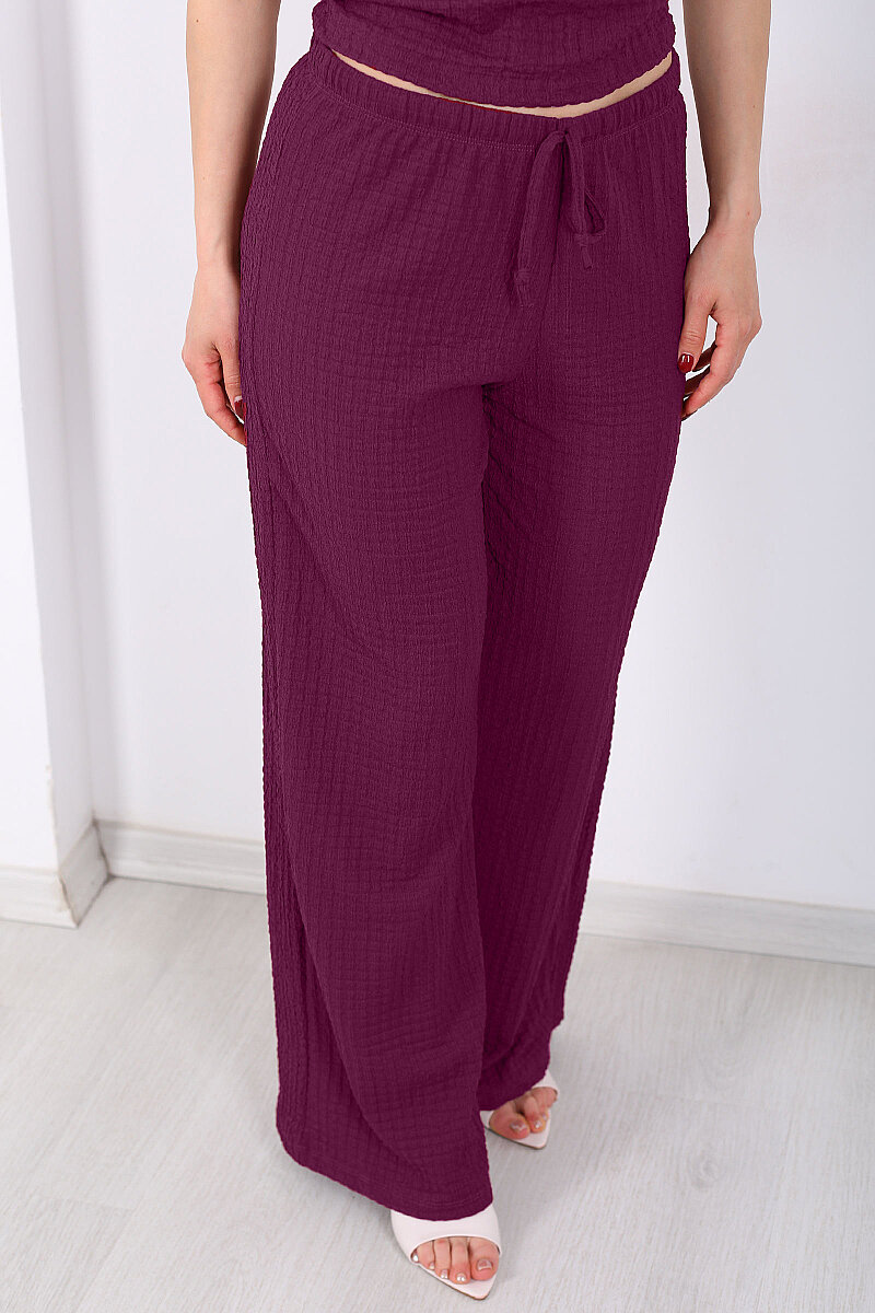 Beli Lastikli Bol Paça Kadın Mürdüm Bubble Pantolon - 2