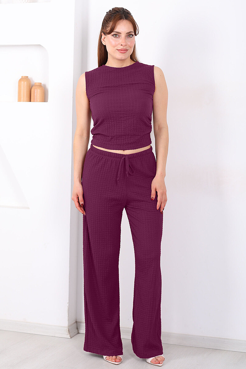 Beli Lastikli Bol Paça Kadın Mürdüm Bubble Pantolon - 3