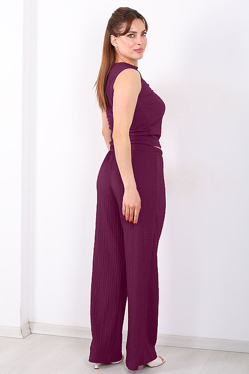 Beli Lastikli Bol Paça Kadın Mürdüm Bubble Pantolon - 4