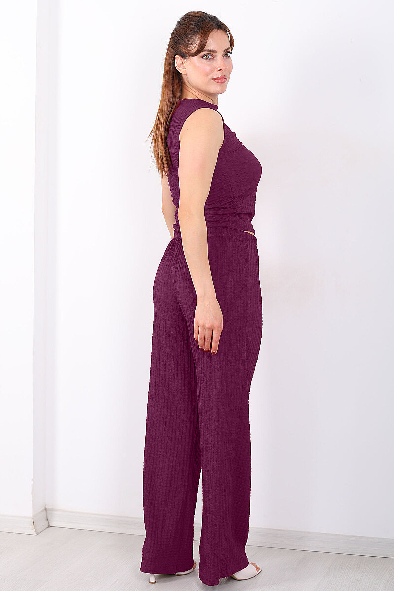 Beli Lastikli Bol Paça Kadın Mürdüm Bubble Pantolon - 4