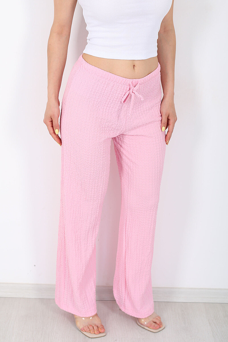 Beli Lastikli Bol Paça Kadın Pembe Bubble Pantolon - 2