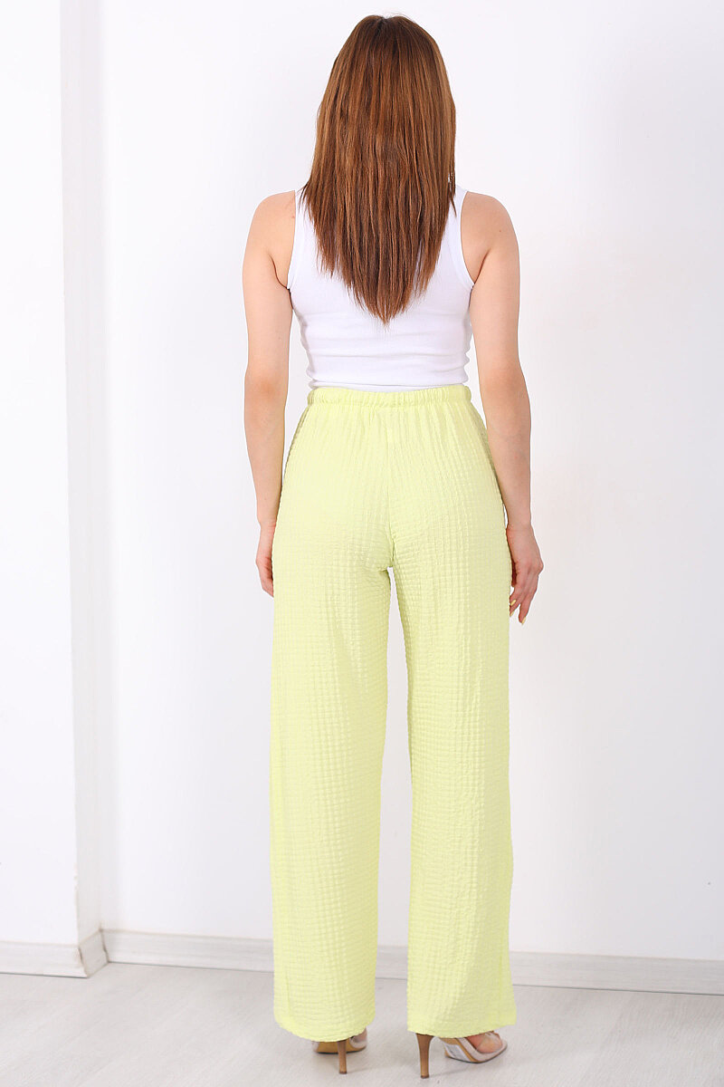 Beli Lastikli Bol Paça Kadın Sarı Bubble Pantolon - 4