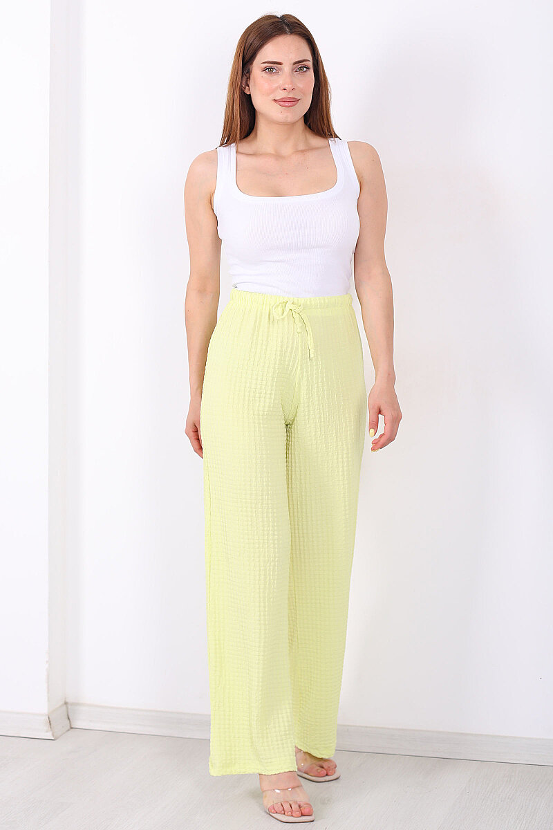 Beli Lastikli Bol Paça Kadın Sarı Bubble Pantolon - 5
