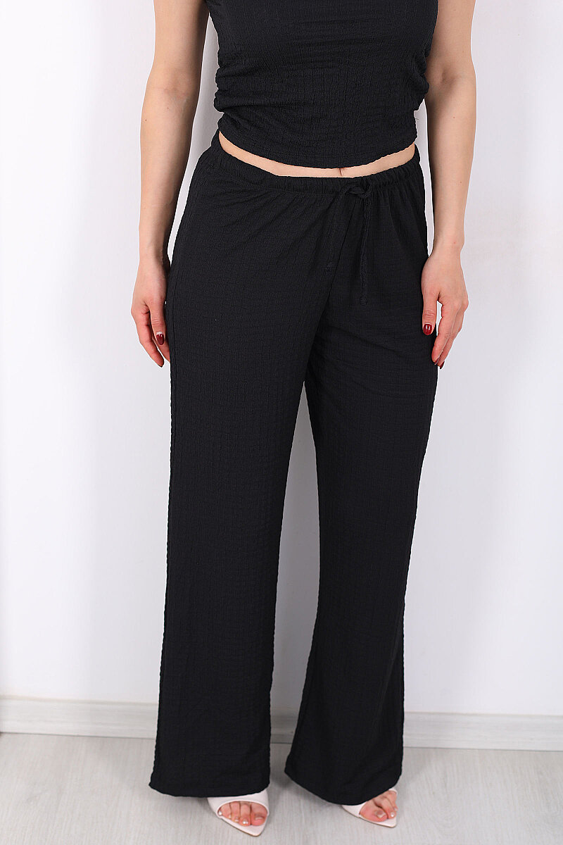Beli Lastikli Bol Paça Kadın Siyah Bubble Pantolon - 2