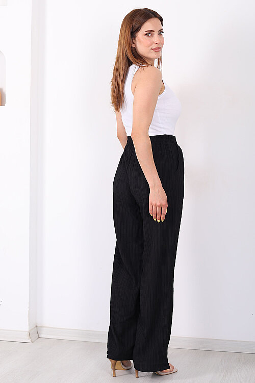 Beli Lastikli Bol Paça Kadın Siyah Bürümcük Pantolon - 4
