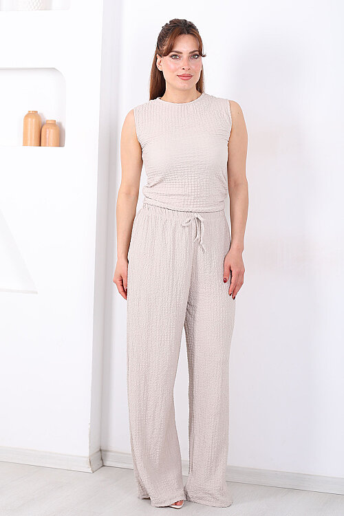 Beli Lastikli Bol Paça Kadın Taş Rengi Bubble Pantolon - 6