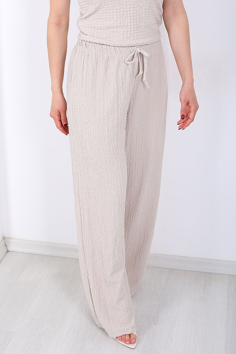 Beli Lastikli Bol Paça Kadın Taş Rengi Bubble Pantolon - 2