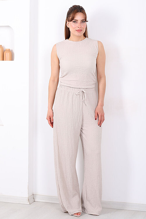 Beli Lastikli Bol Paça Kadın Taş Rengi Bubble Pantolon - 4