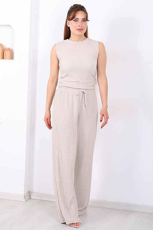 Beli Lastikli Bol Paça Kadın Taş Rengi Bubble Pantolon - 3