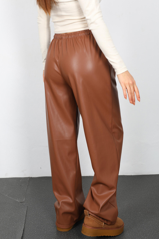 Beli Lastikli Bol Paça Kahverengi Kadın Deri Pantolon - 4