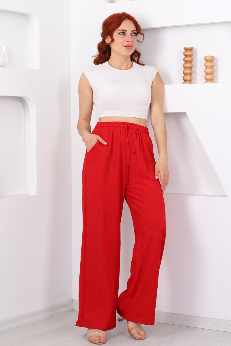 Beli Lastikli Bol Paça Kırmızı Kadın Bürümcük Pantolon - 1