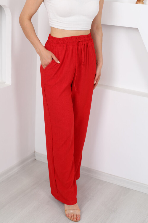 Beli Lastikli Bol Paça Kırmızı Kadın Bürümcük Pantolon - 2