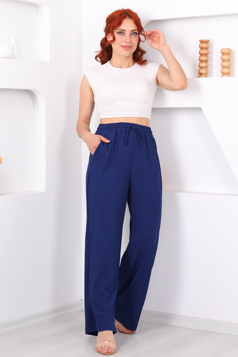 Beli Lastikli Bol Paça Lacivert Kadın Bürümcük Pantolon - 3