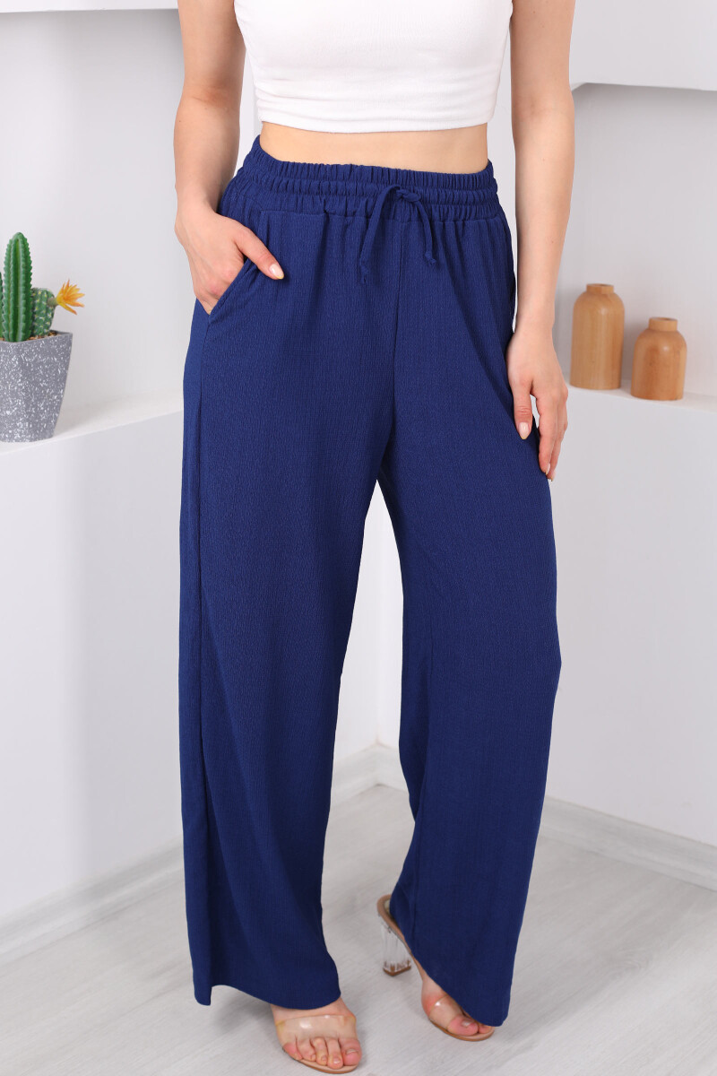 Beli Lastikli Bol Paça Lacivert Kadın Bürümcük Pantolon - 2