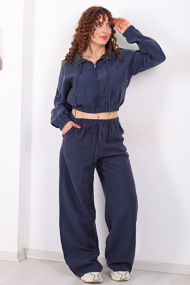 Beli Lastikli Bol Paça Marin Kadın Tencel Pantolon - 1