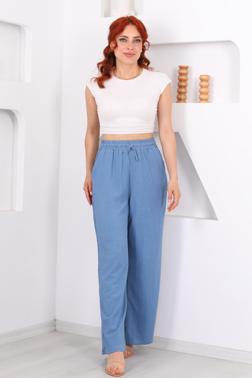 Beli Lastikli Bol Paça Mavi Kadın Bürümcük Pantolon - 4
