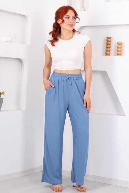 Beli Lastikli Bol Paça Mavi Kadın Bürümcük Pantolon - 3