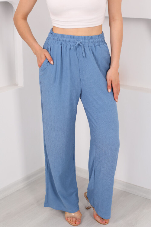 Beli Lastikli Bol Paça Mavi Kadın Bürümcük Pantolon - 2