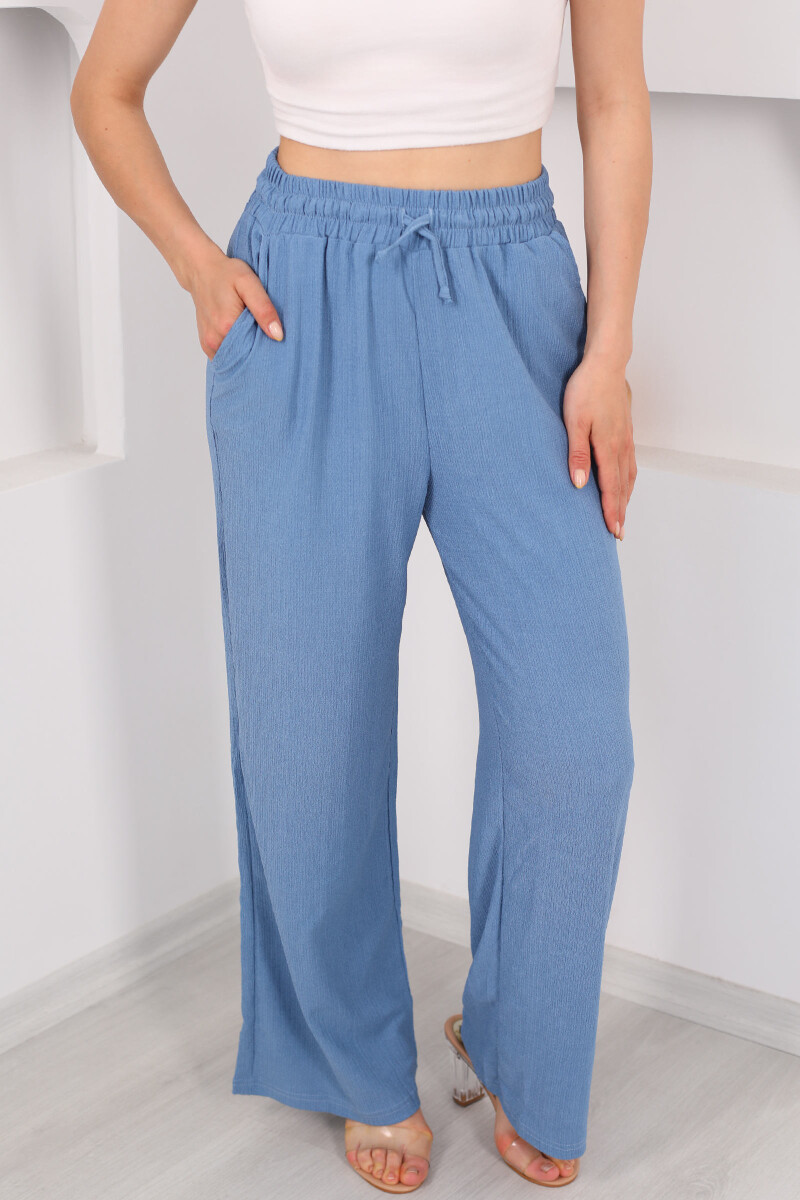 Beli Lastikli Bol Paça Mavi Kadın Bürümcük Pantolon - 2
