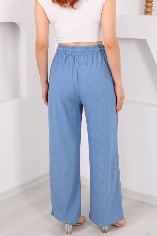 Beli Lastikli Bol Paça Mavi Kadın Bürümcük Pantolon - 5