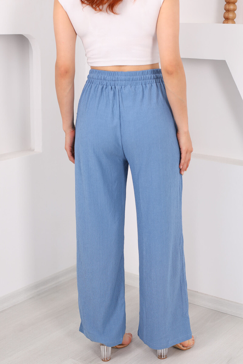 Beli Lastikli Bol Paça Mavi Kadın Bürümcük Pantolon - 5