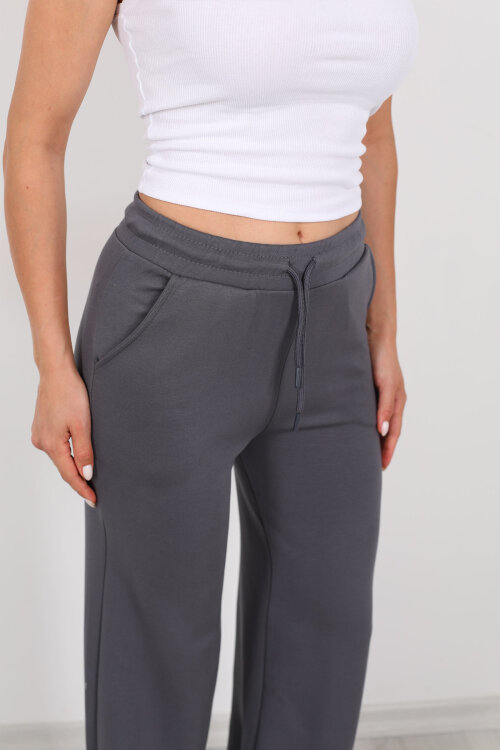 Beli Lastikli Bol Paça Modal Antrasit Kadın Pantolon - 2