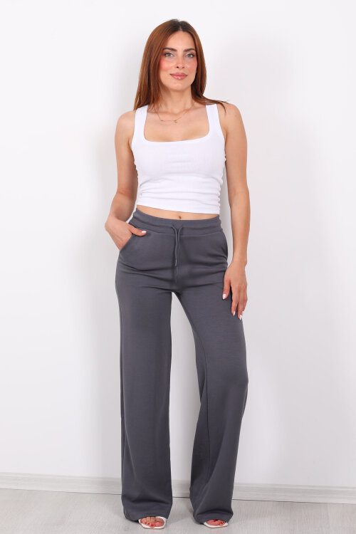 Beli Lastikli Bol Paça Modal Antrasit Kadın Pantolon - 5