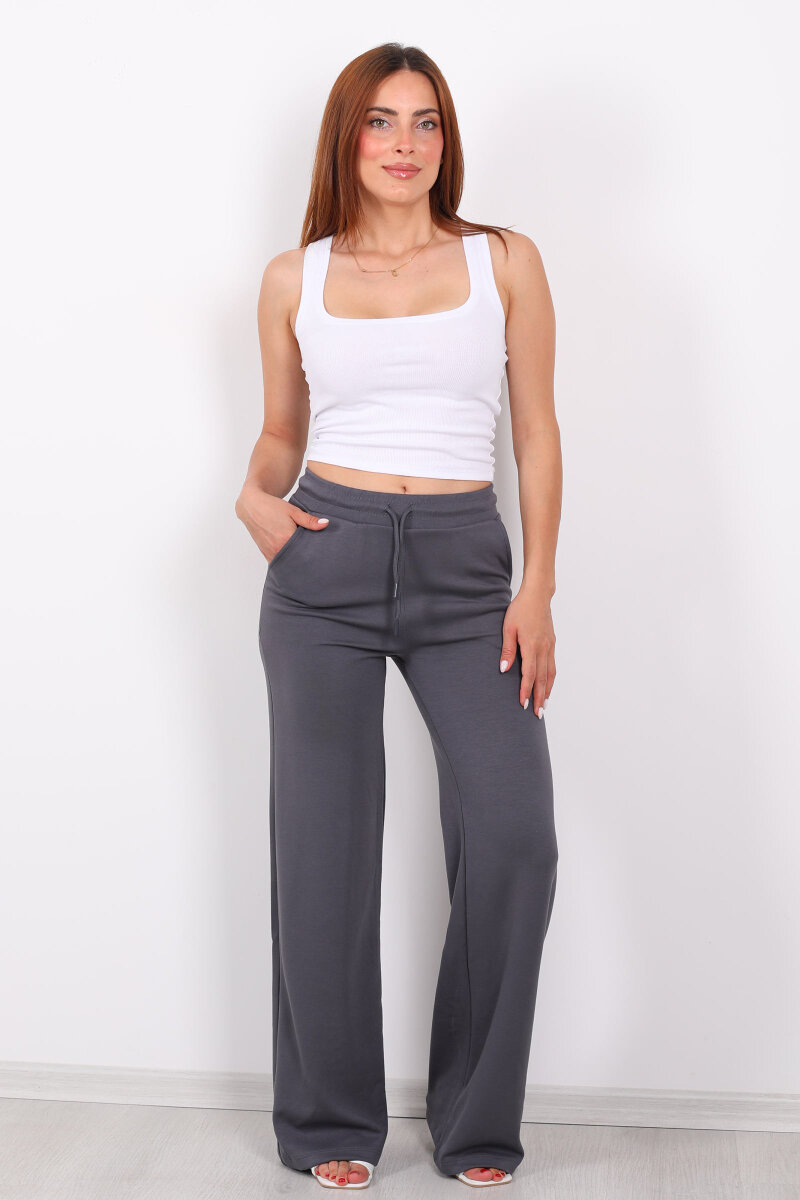 Beli Lastikli Bol Paça Modal Antrasit Kadın Pantolon - 5