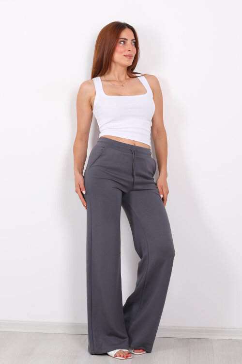 Beli Lastikli Bol Paça Modal Antrasit Kadın Pantolon - 3