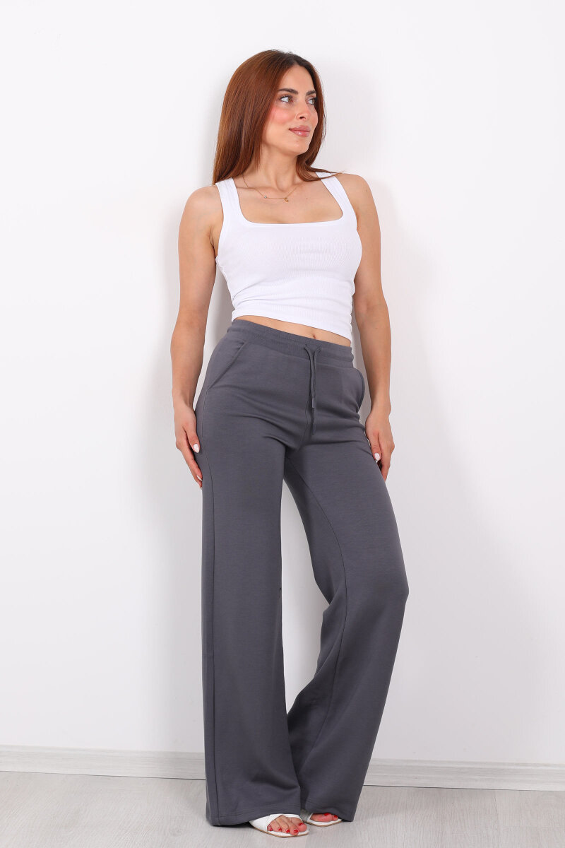 Beli Lastikli Bol Paça Modal Antrasit Kadın Pantolon - 3