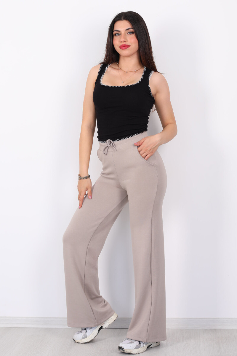Beli Lastikli Bol Paça Modal Bej Kadın Pantolon - 3