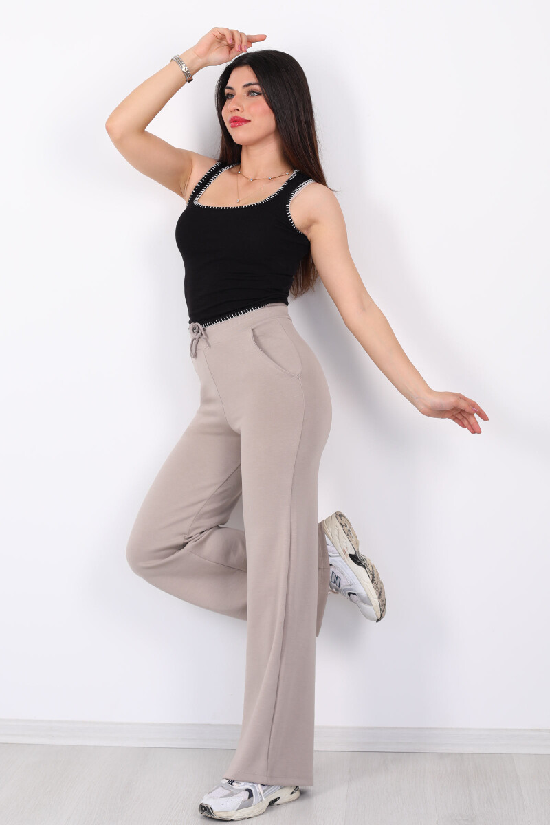 Beli Lastikli Bol Paça Modal Bej Kadın Pantolon - 1
