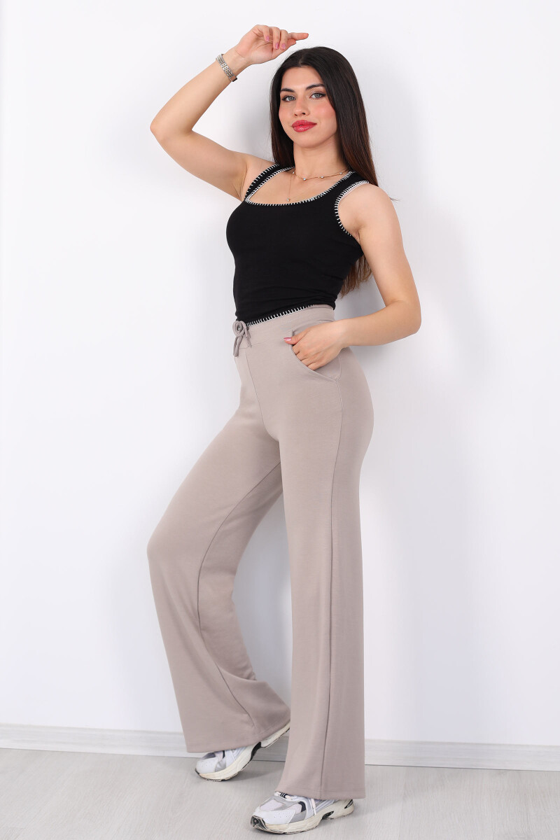 Beli Lastikli Bol Paça Modal Bej Kadın Pantolon - 4