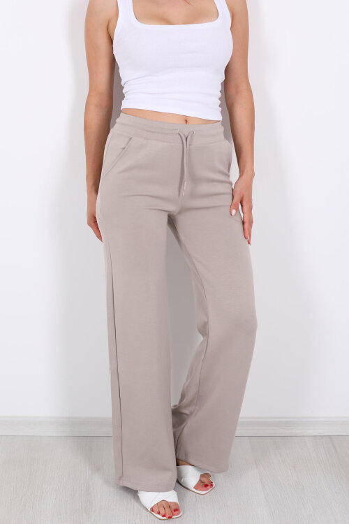 Beli Lastikli Bol Paça Modal Bej Kadın Pantolon - 2