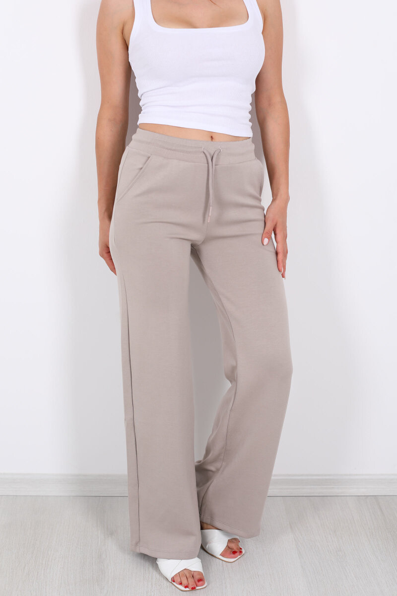 Beli Lastikli Bol Paça Modal Bej Kadın Pantolon - 2