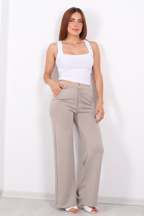 Beli Lastikli Bol Paça Modal Bej Kadın Pantolon - 3